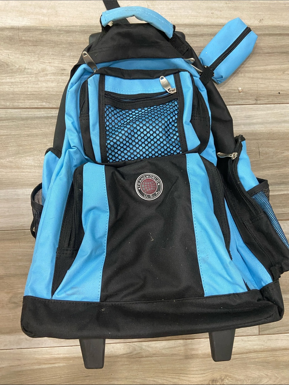 Black and Light Blue Men’s Rolling Backpack with Front Mesh Pocket